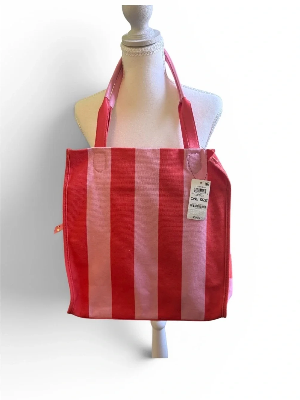 On Fifth Large Striped Pink & Orange Canvas Beach Bag Tote NWT, plus cosmeticbag